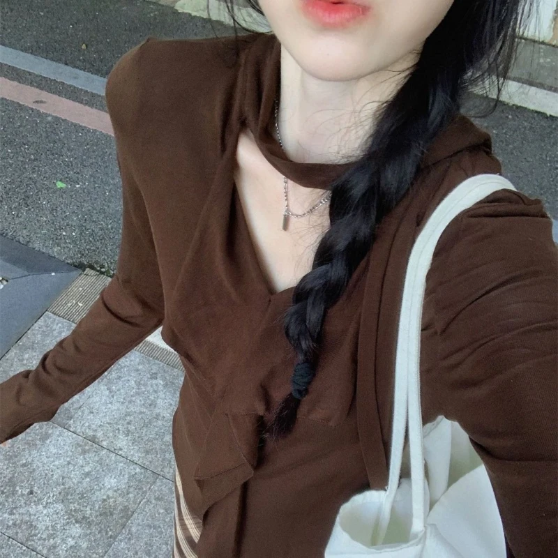 

Autumn Winter New Design Sense V-neck Knit Top Women's Fashion Long-sleeved Solid Color T-shirt Tops