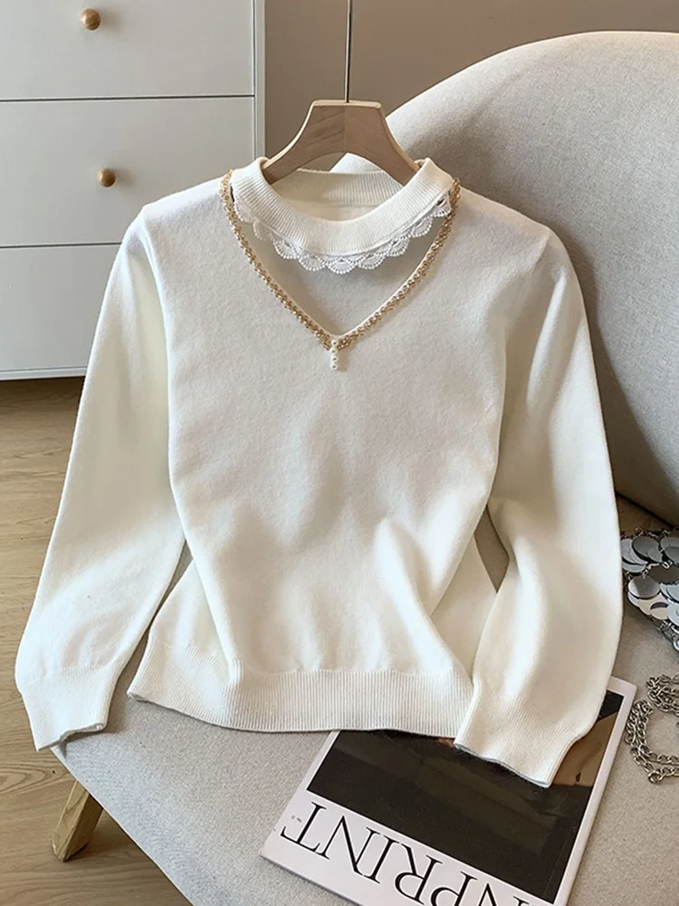 

French Sle Lace Splice Hollow out Knitted Base irt Women's Autumn Winter New White Top High ade Sweater Ci Walk Suitable