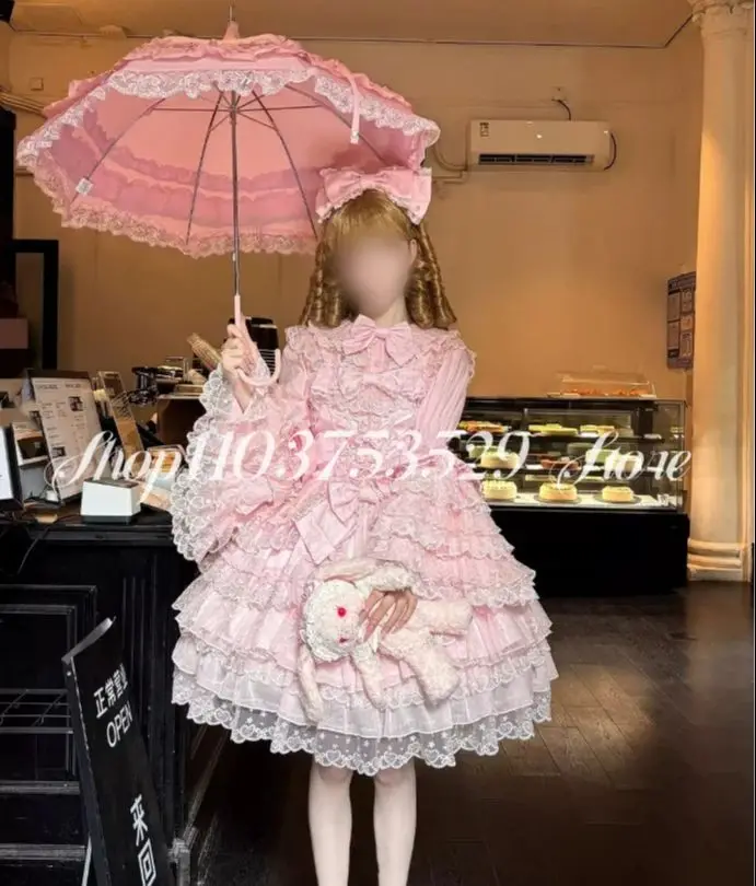 Robe de RhLolita rose romantique avec nœud de rêve, dentelle, manches longues, poncho plissé, personnalisé, masplay Tim, cosplay, éducatif