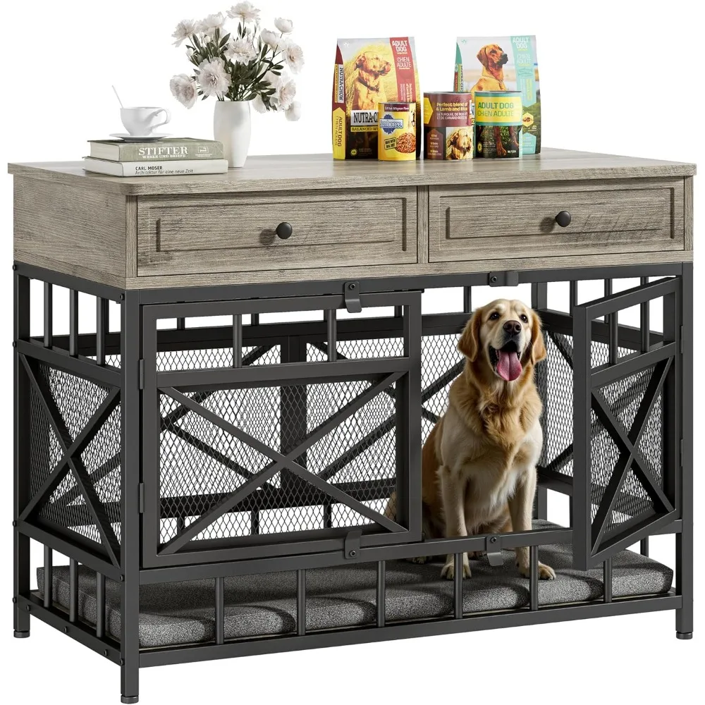 

44 inch Large Dog Crate Furniture, Wooden Dog Kennel with Storage Drawers for Medium/Large Dogs, Decorative Dogs Kennel