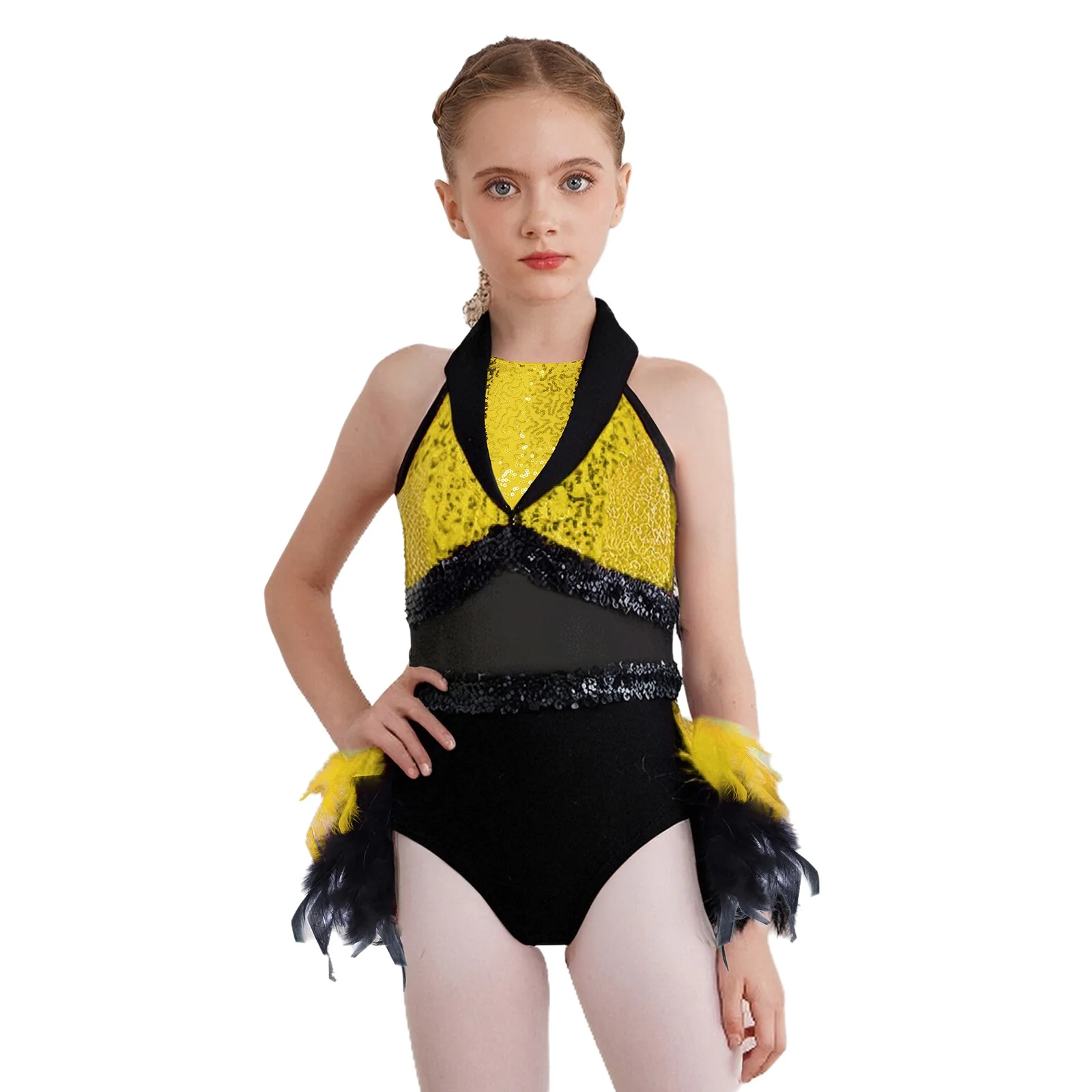 

Girls Sequin Gymnastics Ballet Dance Leotard Figure Skating Jazz Dance Dress Sleeveless Sheer Mesh Feather Tutu Skirted Bodysuit