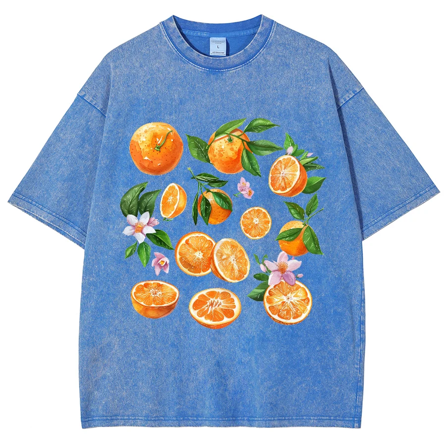 

T-shirt Orange Fruit Printing Water Washed Fabric for Men Women Summer Relaxed Short Sleeve Couple Wear Harajuku Top Tee