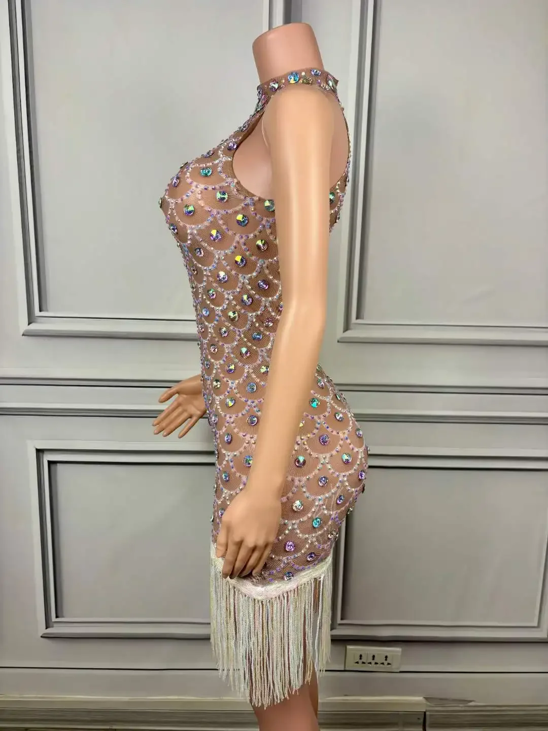 Disfraz brillante de Drag Queen, vestido con flecos de cumpleaños para mujer, cristales, actuación nocturna en Club, ropa elástica para escenario de celebridades