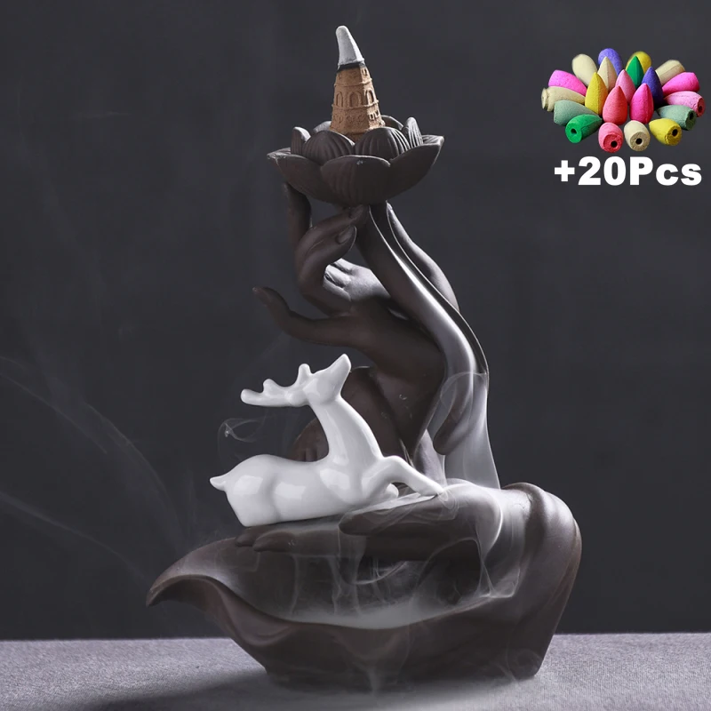 Incense Cones Buddha Hand Waterfall Backflow Lucky Deer Decoration Micro Landscape Yoga Ornaments