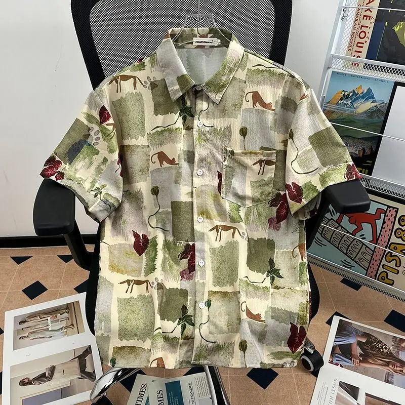 Vintage Bkpp German Style Hawaiian Shirt for Men and Women Short-sleeved Flower Shirt Yuppie Folded Shirt