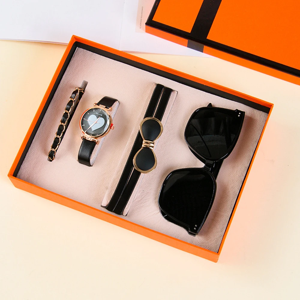 

4Pcs Set Women's Fashion Quartz Watch Belt Bracelet Sunglasses Gift Box Mother's Day Christmas Gifts For Ladies 4Pcs Set Women's