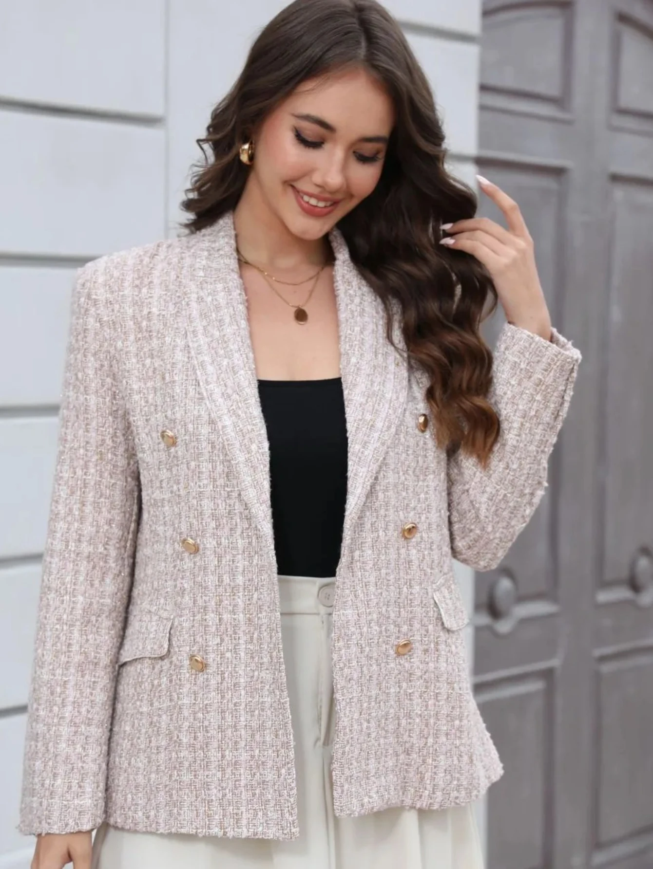 

Autumn Winter Women's Plaid Long Sleeve Woolen Suit Jacket Elegant Retro Style Button