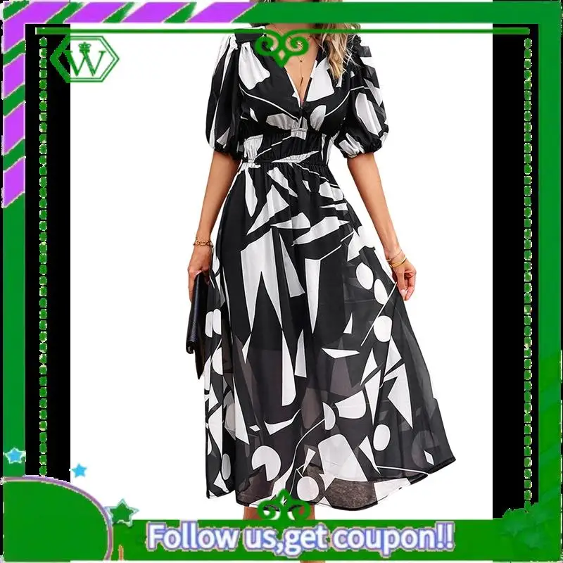 A18P-Damskie letnie sukienki 2025 Casual Puff Short Sleeve V Neck Floral Boho Maxi Dress