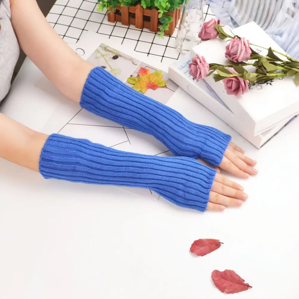 Trendy Knitted Arm Warmers Women Solid Color Long Sleeve Mittens Fashion Street Style Winter Soft Elastic Accessories
