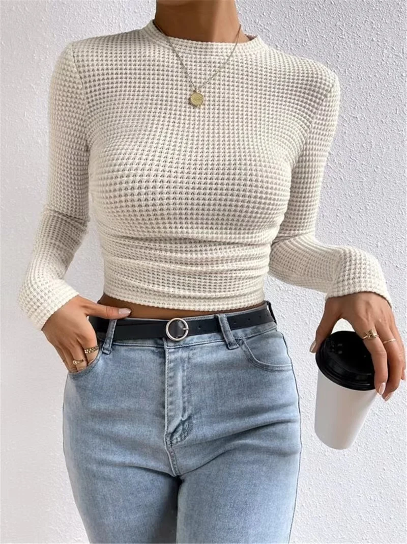 2024 Autumn Women\'S Solid Knit Pleated Side Long Sleeve T-Shirt Long Sleeves Solid Slim Tees All Match Basic Tops Undershirt