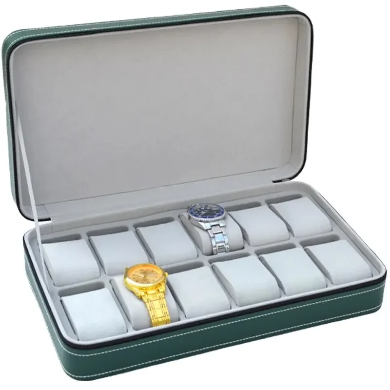 1PCS  Green ABS Zippered Watch Box Dustproof Storage Bag PU Leather Display Case Travel Organizer