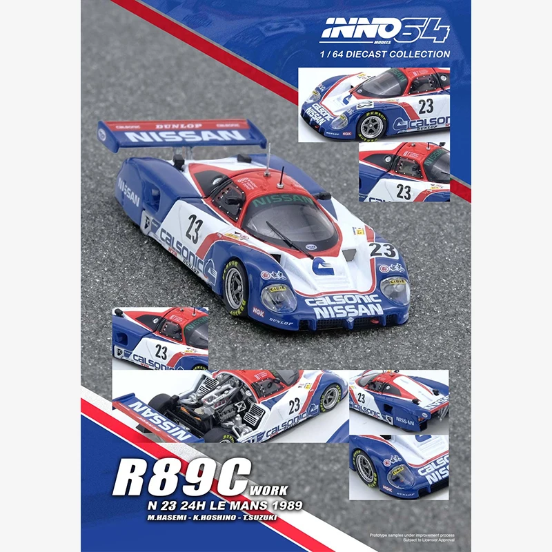 ما قبل البيع INNO 1:64 نيسان R89C لو مان 1989 رقم 23 غطاء محرك السيارة المفتوح دييكاست ديوراما نموذج سيارة مجموعة ألعاب مصغرة