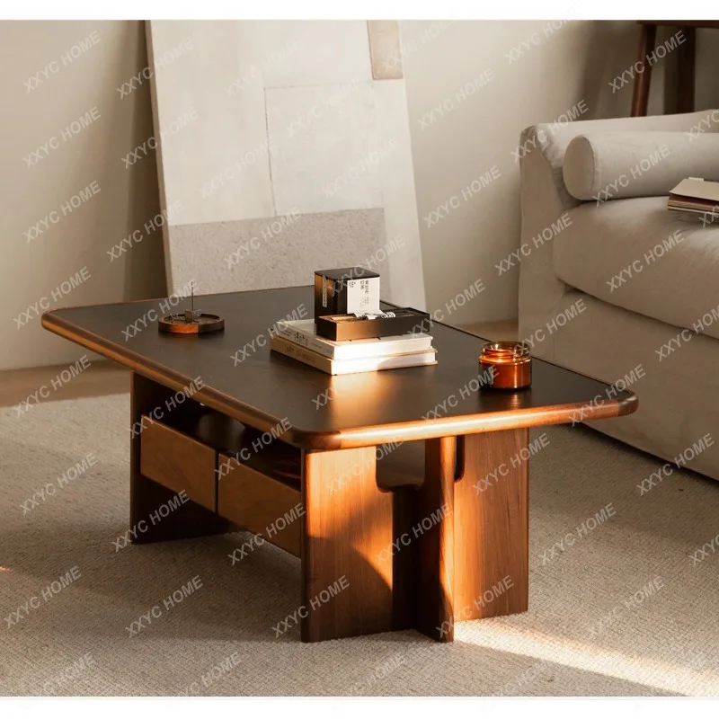 XXBlack Walnut Wood for Living Room, Small Household Solid Wood Rock Board Coffee Table, Simple Storage Small Tea Table