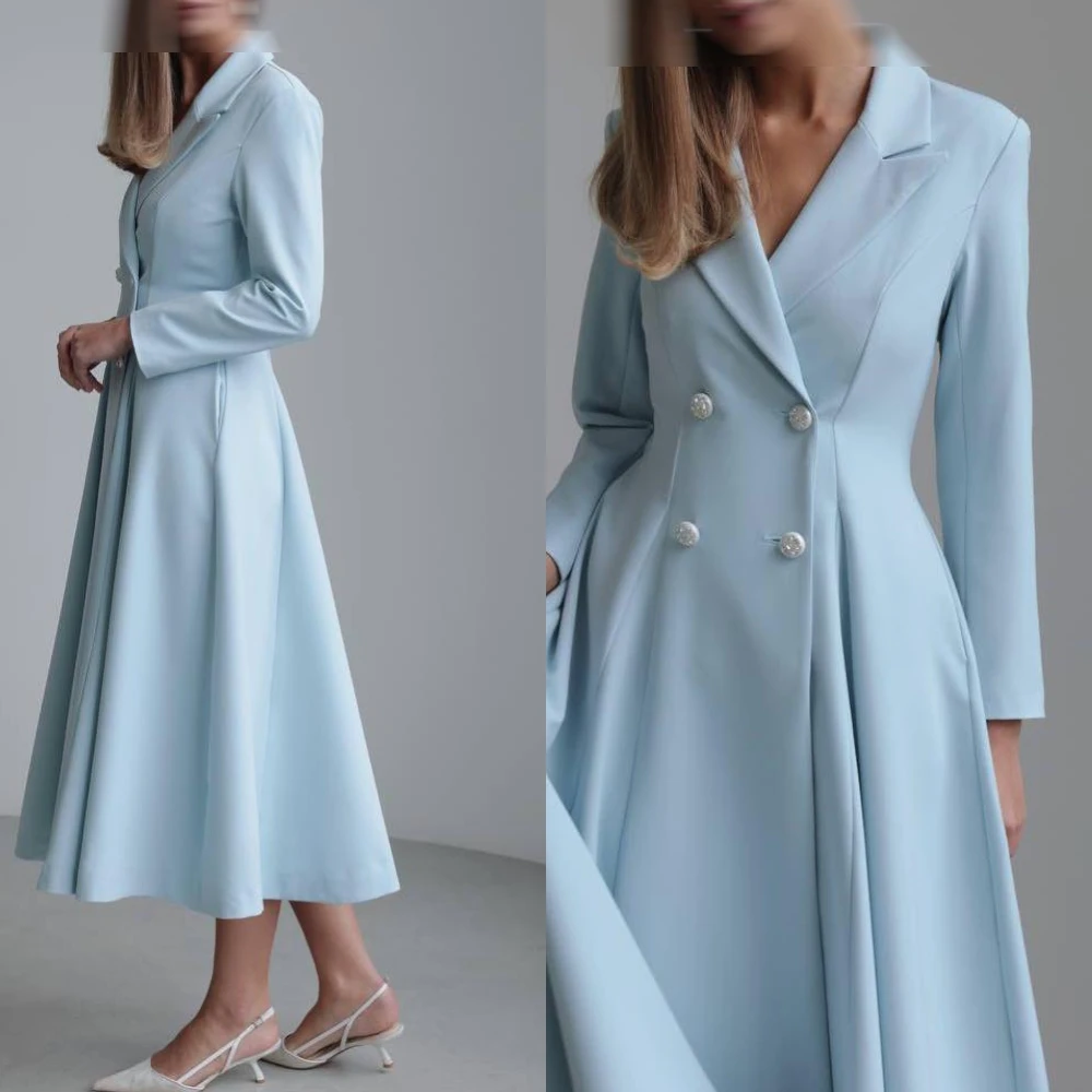 

Customized Formal Jersey V-Neck Evening Dress Delicate Long Sleeves Prom Dresses Temperament Buttons Special Occasion Gowns