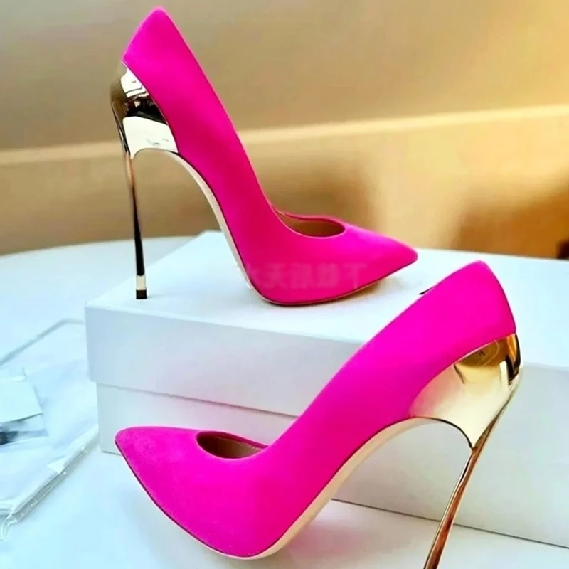 

Golden Metal Blade Heel Women Pumps Shallow Pointed Toe Stiletto Heels Celebrating Shoes Pink Blue Black Suede Footwears