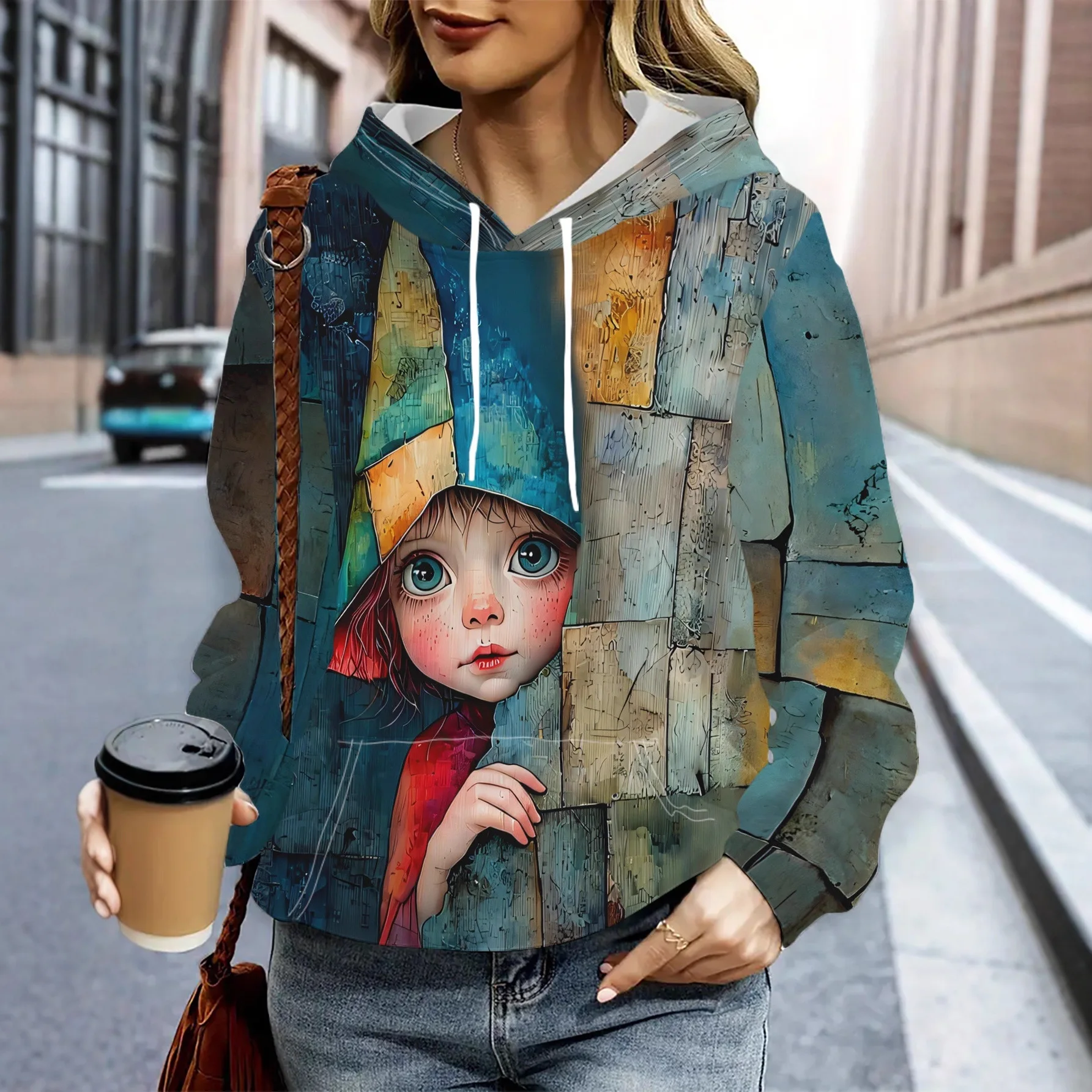 Women Retro Art 3D Mural Cartoon Girl Oversized Hoodie Drawstring Casual Streetwear Pullover
