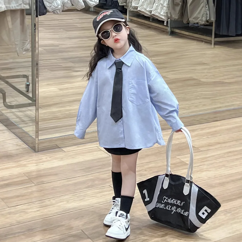 2025 Spring and Autumn New Korean Children's Skirts Blue Casual Arc Casual Loose Long Sleeve Shirt, Comes with Tie