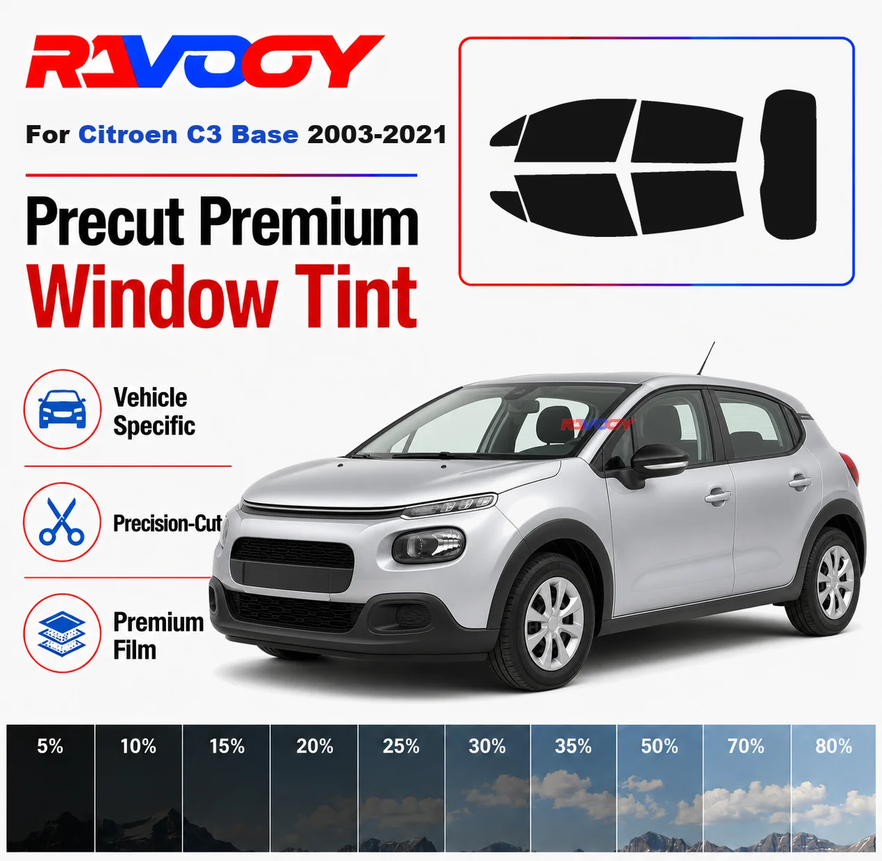 Premium Precut Window Tint Kit Front Rear Windows Rear Windshield For Citroen C3 Base 2003-2021 Complete Set Nano Ceramic Film