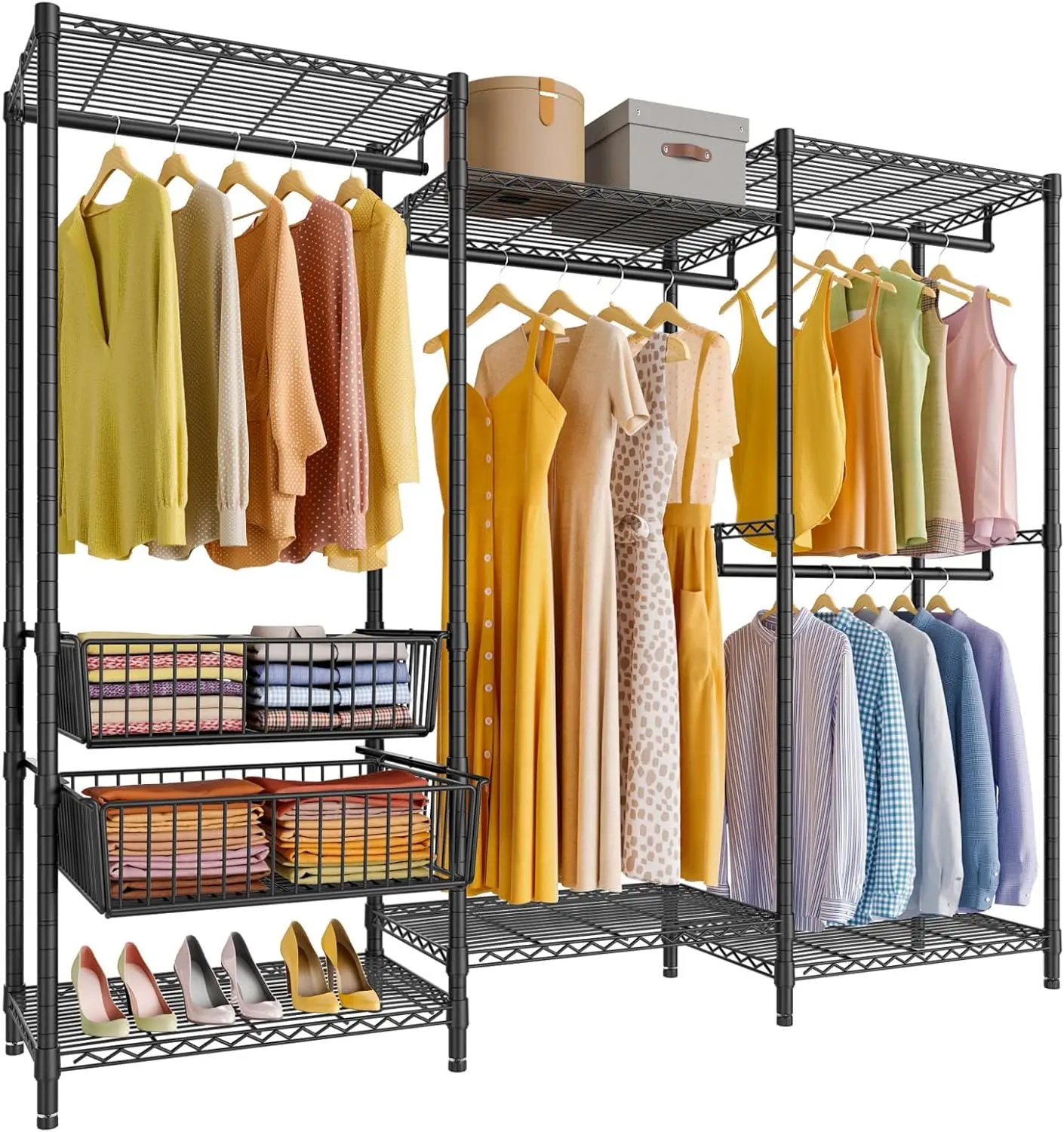 V10 Medium Wire Garment Rack Heavy Duty Clothes Rack, Freestanding Closet Wardrobe Metal Clothing Rack with 2 Slid Baskets, 68.9