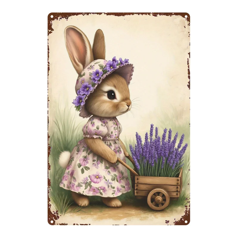 2D Flat, 1pc, Metal Sign, Cute Rabbit Tin Sign, Lavender Cart Decor Hanging Ornament, Vintage Creative Gift for Wall Decor, Flat Printed Iron Plaque, Square Iron Wall Hanging Painting