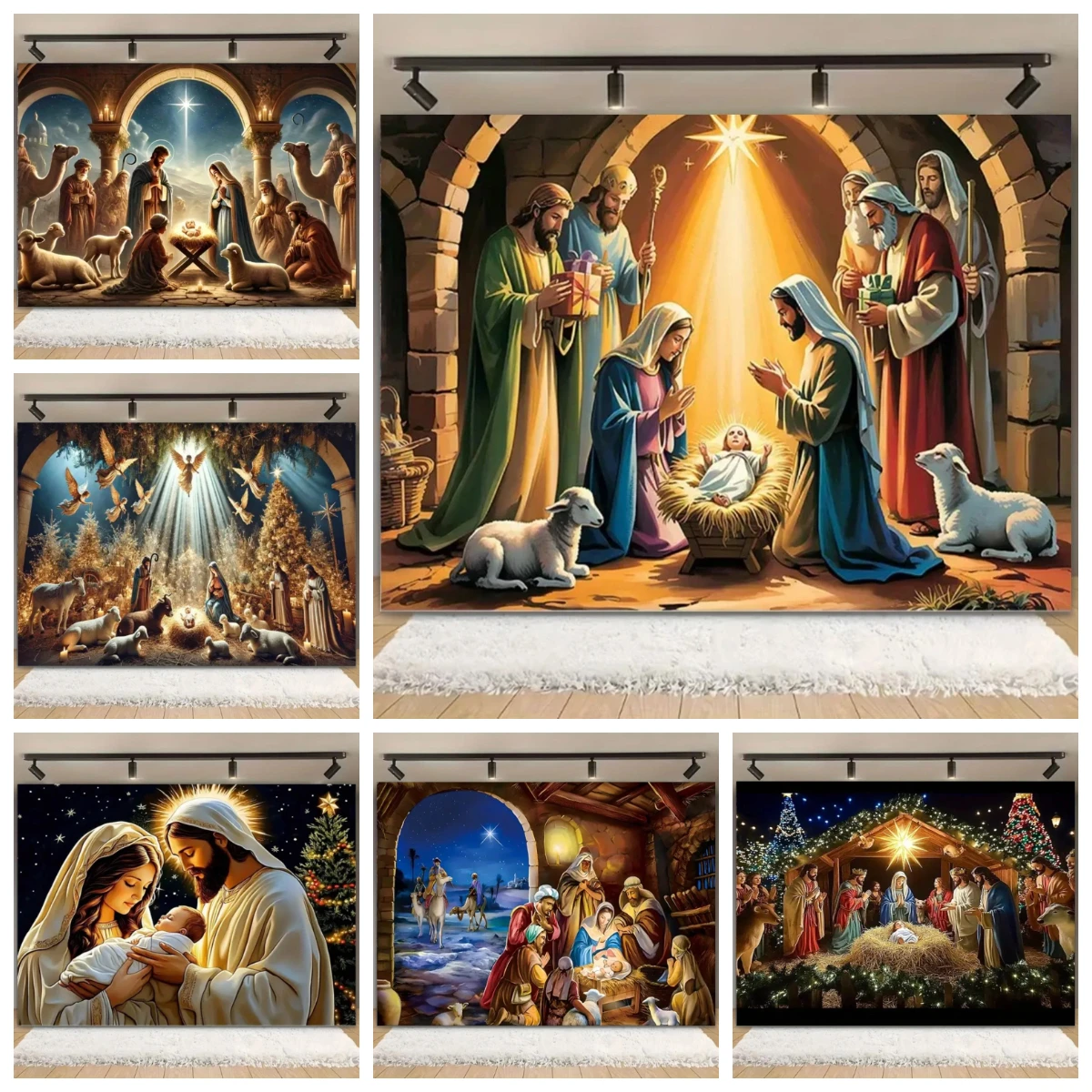 Merry Christmas Nativity Scene Background Banner Luminous Stars Tree New Year's Party Backdrop Decoration Props Baby Shower Gift