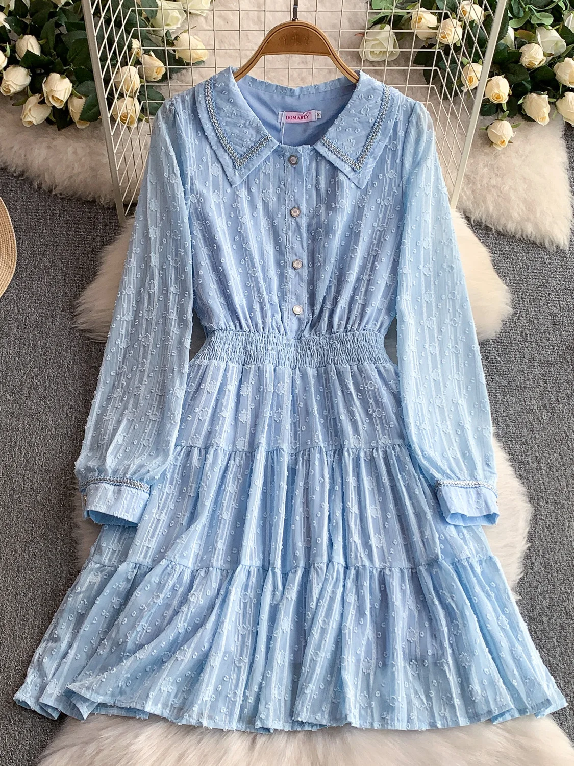 Ele Blue Doll Collar Dr Dames elastische taille geplooide halflange rok Zachte Sle Pure kleur Hoge taille Lange Sve