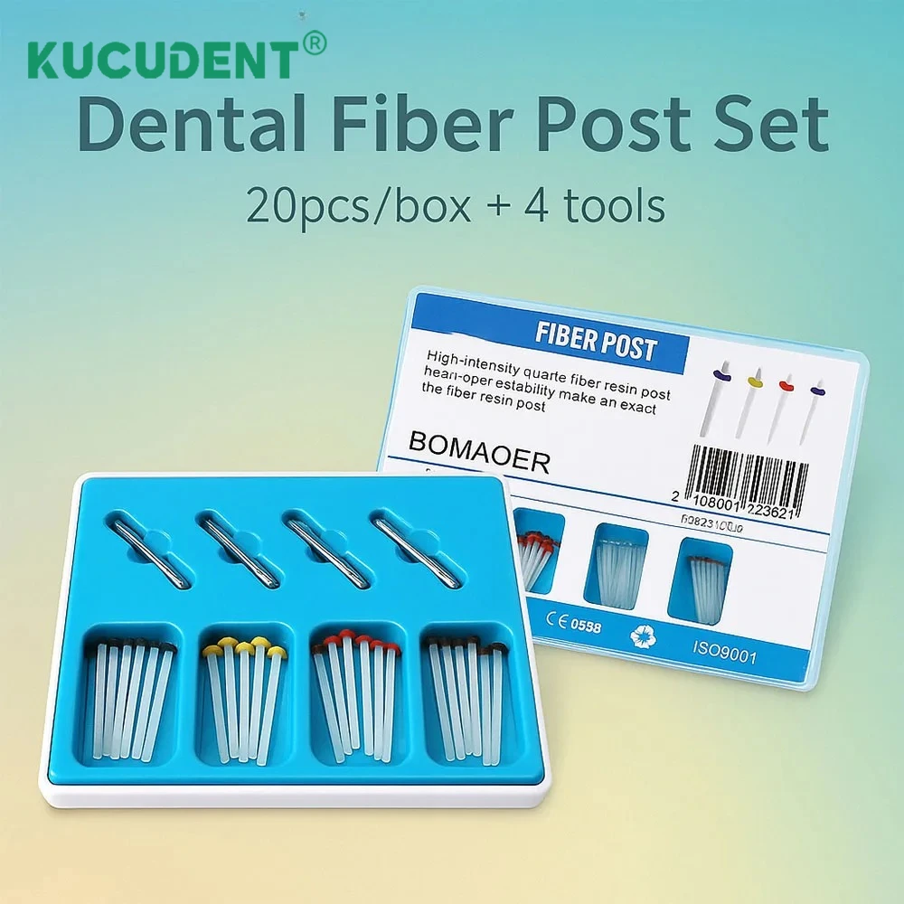 Dental Fiber Post 20Pcs Quartz Resin Glass Screw Pile + 4Pcs Drills 1.2/1.4/1.6/1.8mm Root Canal Screw Tooth Restorative Tools
