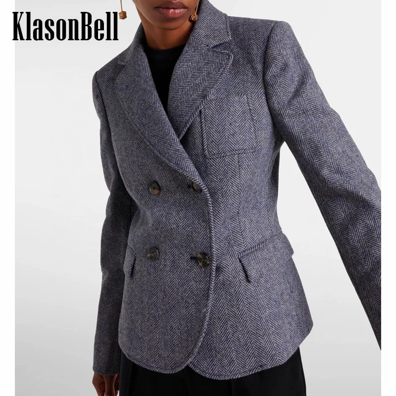 11.20 KlasonBell Noble Elegant Double-Breasted Herringbone รูปแบบขนสัตว์ Blazer สามกระเป๋าออกแบบปก Slim Jacket ผู้หญิง