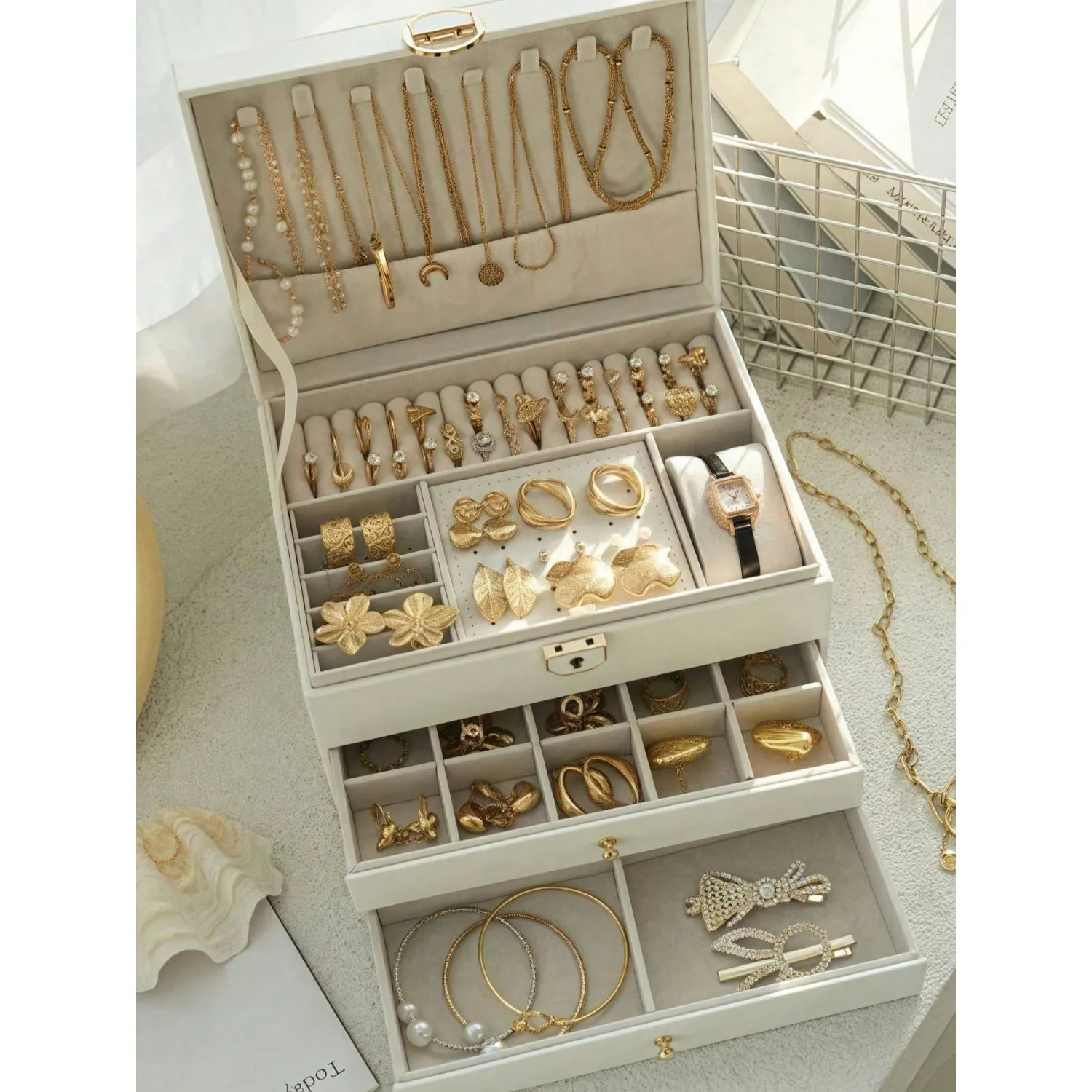 

1pc Jewelry Box, Double Layer Jewelry Organizer Box, Large Capacity PU Leather Jewelry Storage Box With Lock, Suitable For Women