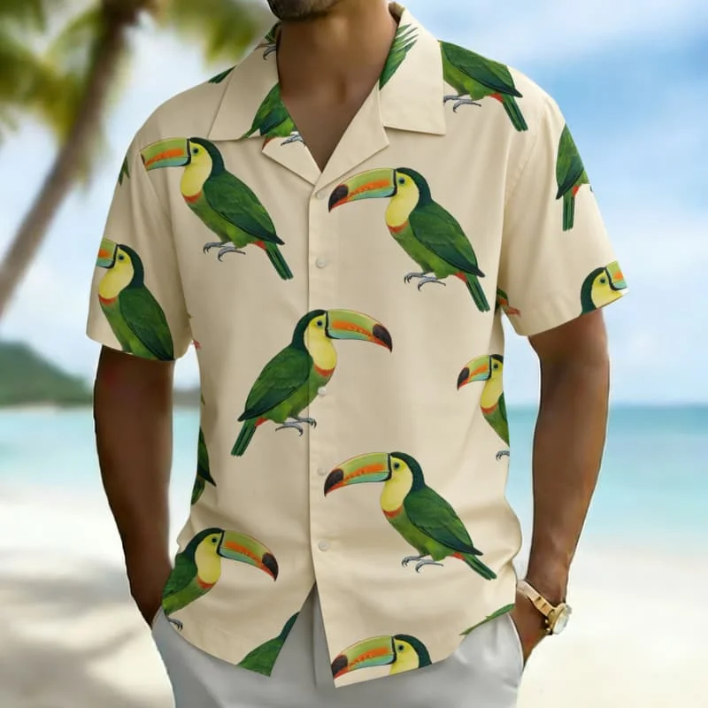 Men's Fashion Tropical Animal Print Short Sleeve Button Down Shirt Trendy Summer Style For Beach Vacation Party Daily Commute