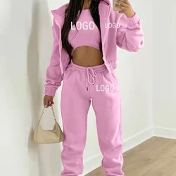 Custom Logo Women's Tracksuit 3Piece Set Outfits Autumn Women Zipper Top Pants Casual +Vest Sport Suit Winter 3 Piece Woman Set