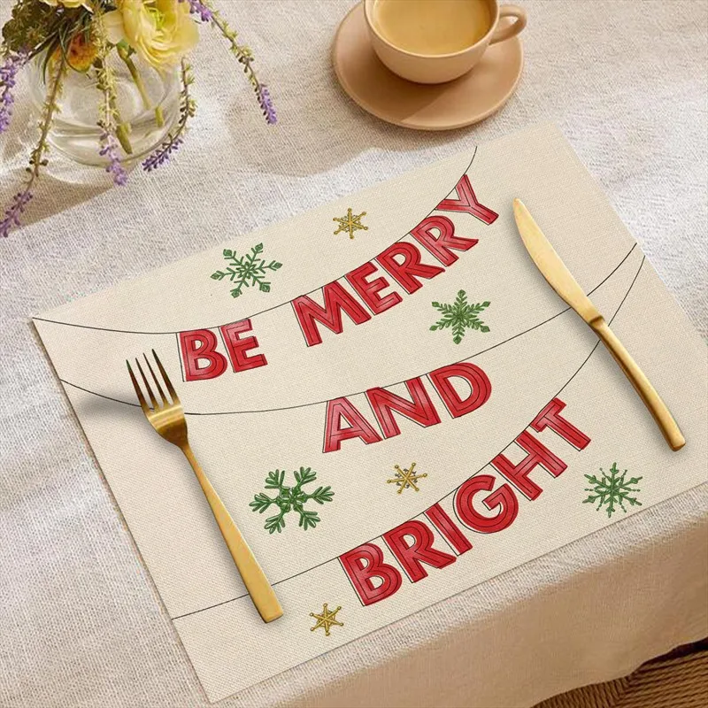 VIKAMA Linen Placemats Deer Cardinal Stockings, Cream Red Green, Stain Resistant Easy to Clean, Dining Table Holiday
