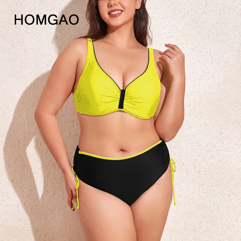 HOMGAO Sexy Bikinis Sets Plus Size For Women 2023 Yellow Two-Piece Swimsuits Black High-Waisted Swimwear Bathing Suits Biquini