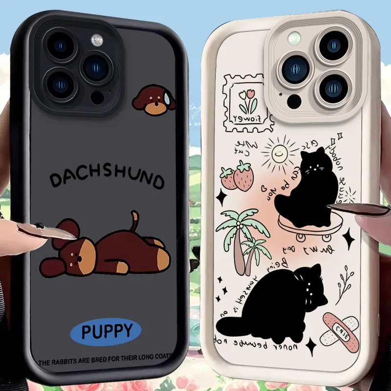 

Kawaii Brown Puppy Dachshund Pink Bunny Case for iPhone 17 Air 16 E 15 14 Plus 13 12 Mini 11 Pro Max Dustproof Silicone Cover