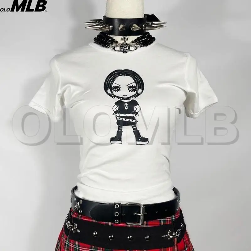 

Y2K anime Graphic Print Baby Tee Aesthetic Short Sleeve T-shirts E-girl Cropped Tops 2000s Streetwear Harajuku Goth Tops Summer