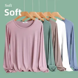 Modal round Neck Long Sleeve T-Shirt Casual Thin Spring Autumn Top for plus Size Women Comfortable Breathable Loose Fit Basic...