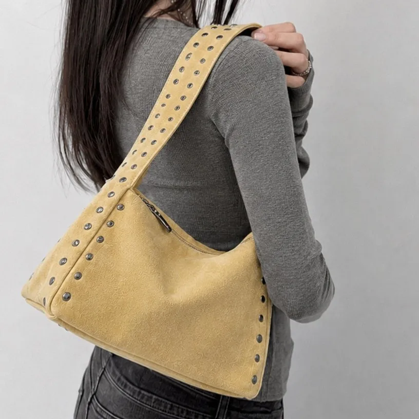 Faux Suede Women Armpit bag large capacity Soft female shoulder bag Motorcycle rivets ladies handbag Casual Shopping, Dating