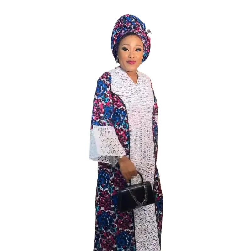 

2024 With Headtie African Dresses for Women Muslim Lace Boubou Dashiki Traditional Africa Clothes Ankara Outfit Evening Gowns