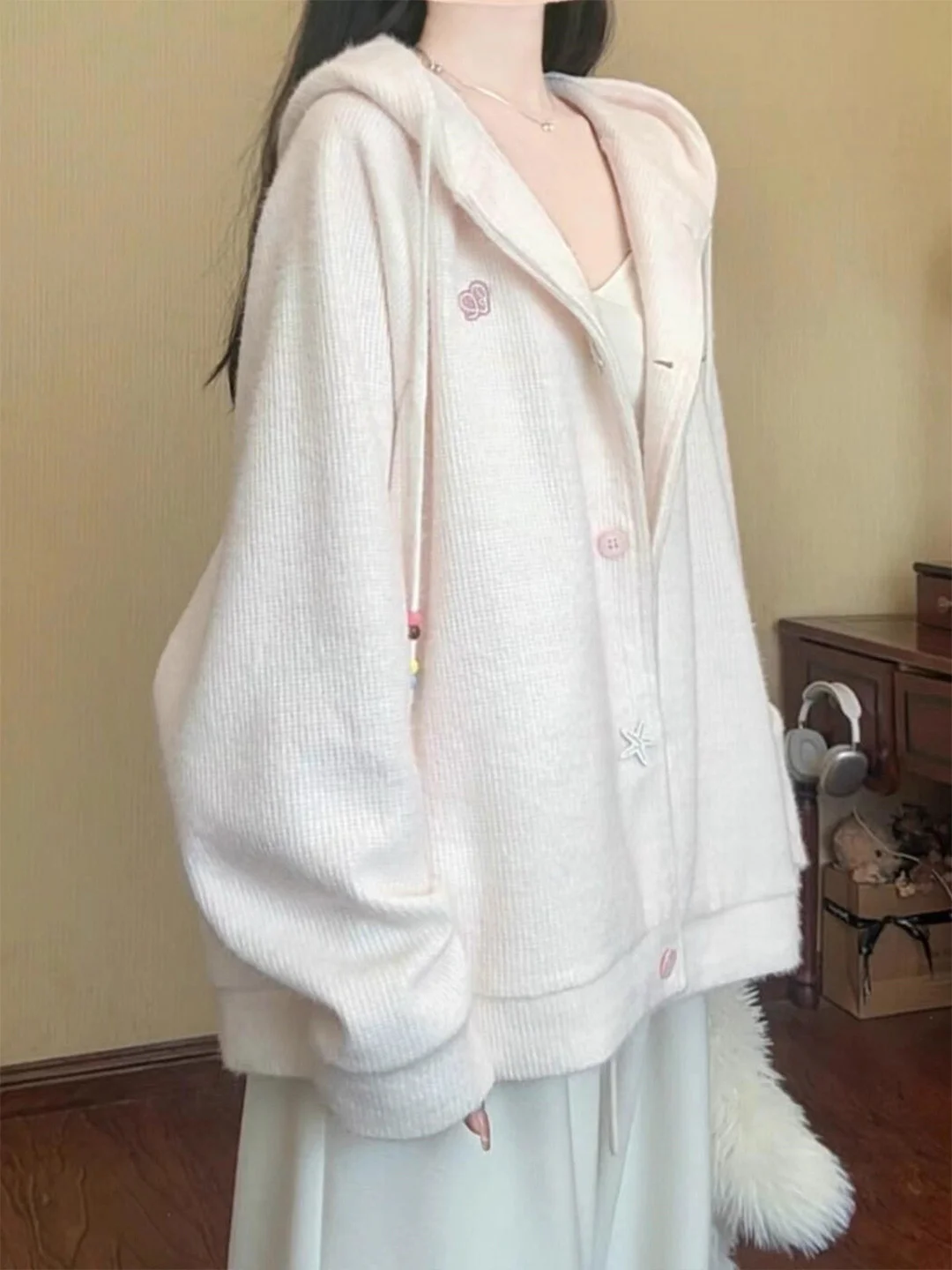 

Soft Cozy Pink Hooded Knitwear Outerwear Women's Sle Autumn New Loose Fit Long Sve Warmth Emitting Single Button Closure