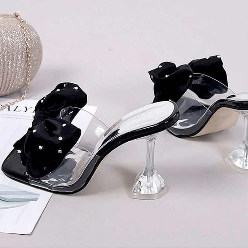 2022 Woman Sparkly Bow Heels Fashion Bling Transparent Pointed Toes Sandals Elegant Slingback Crystal Female Party Pumps