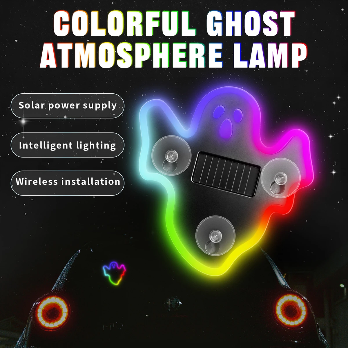 1PC Car Ghost Dynamic Ambient Light Solar LED Auto Rear Windshield Strobe Flash Safety Funny Halloween Decor Ambient Lamp
