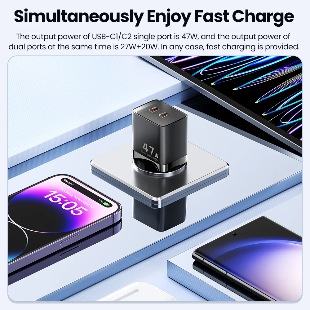 Toocki GaN 47W USB C Charger PD 27W Fast Charing For iPhone 14 13 12 11 ProMax Type C Charger for Samsung Xiaomi Realme POCO