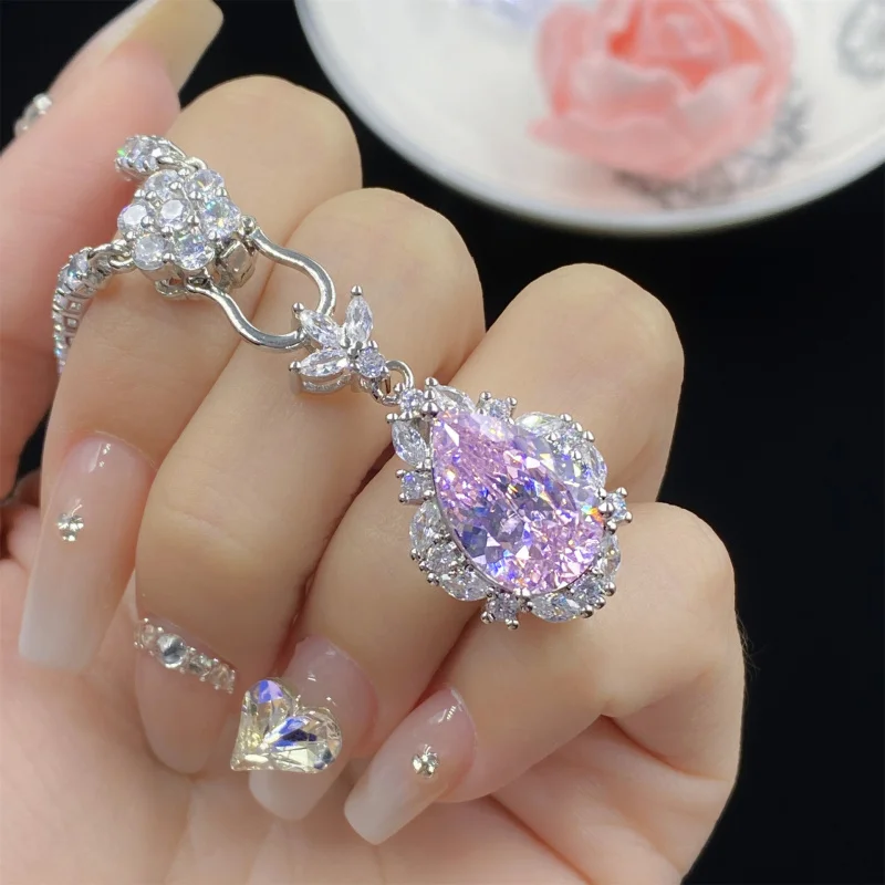 

Starry Sky Cut Light Pink Zircon Comparable to Ice Flower Water Drop Shape Open Ring for Women Elegant Pendant Earrings Set