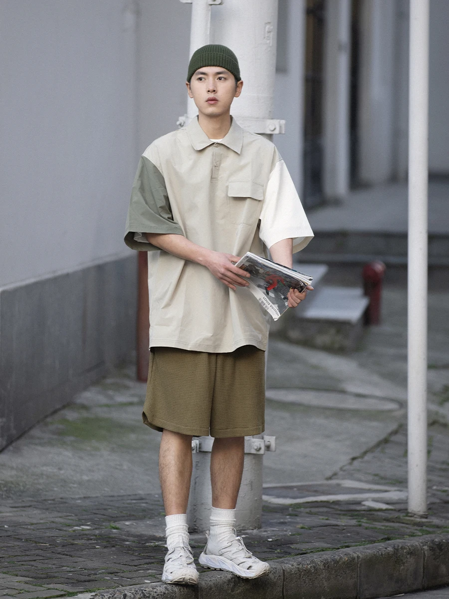 

Мужская футболка свободного кроя с контрастными вставками и пэчворком, летняя, тонкая, с отложным воротником, повседневная, дышащая, из полиэстера