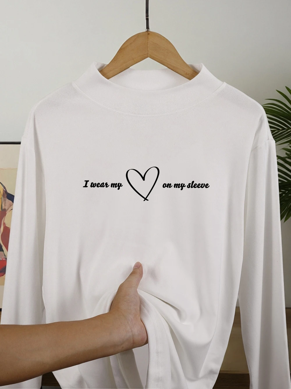 Ik draag mijn op mijn mouw bedrukte T-shirts dames winterfleece tops slim fit warme halve coltrui dieptepunt shirt casual kleding