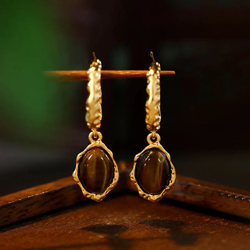 

Tiger Eye Earrings Vintage Luxury Stone Fashion Accessories Real Jewelry Ear Stud 18K Gold Plated Talismans Designer