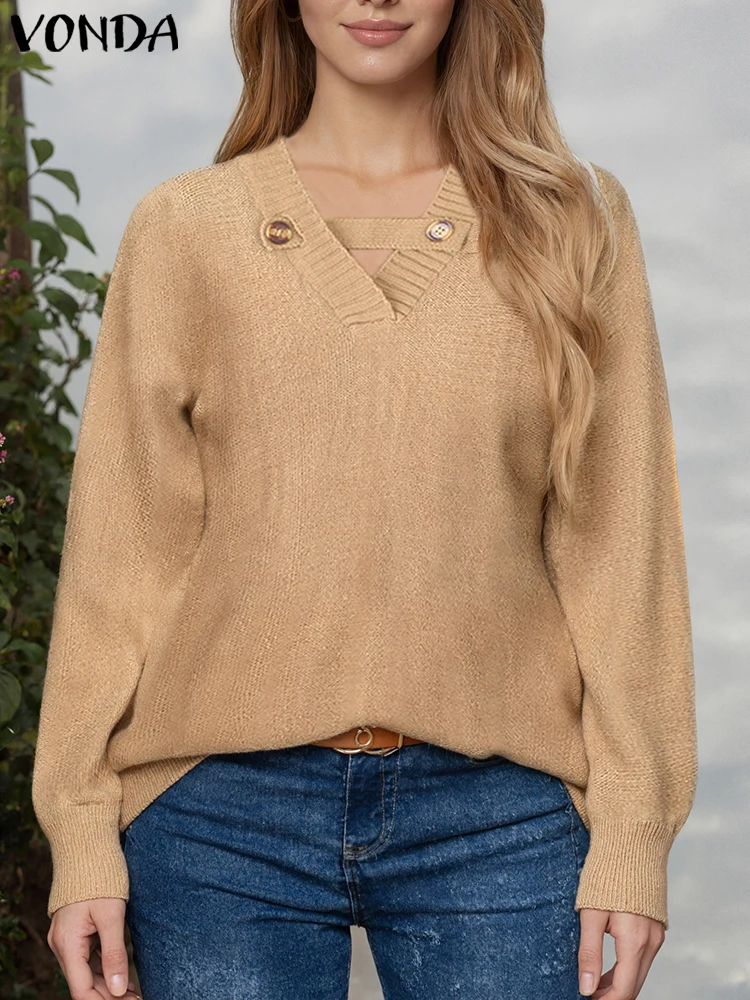 

VONDA, зимние женские вязаные пуловеры, свитера, осень 2023, однотонные элегантные джемперы с длинными рукавами и v-образным вырезом, модный трикотаж с вырезами