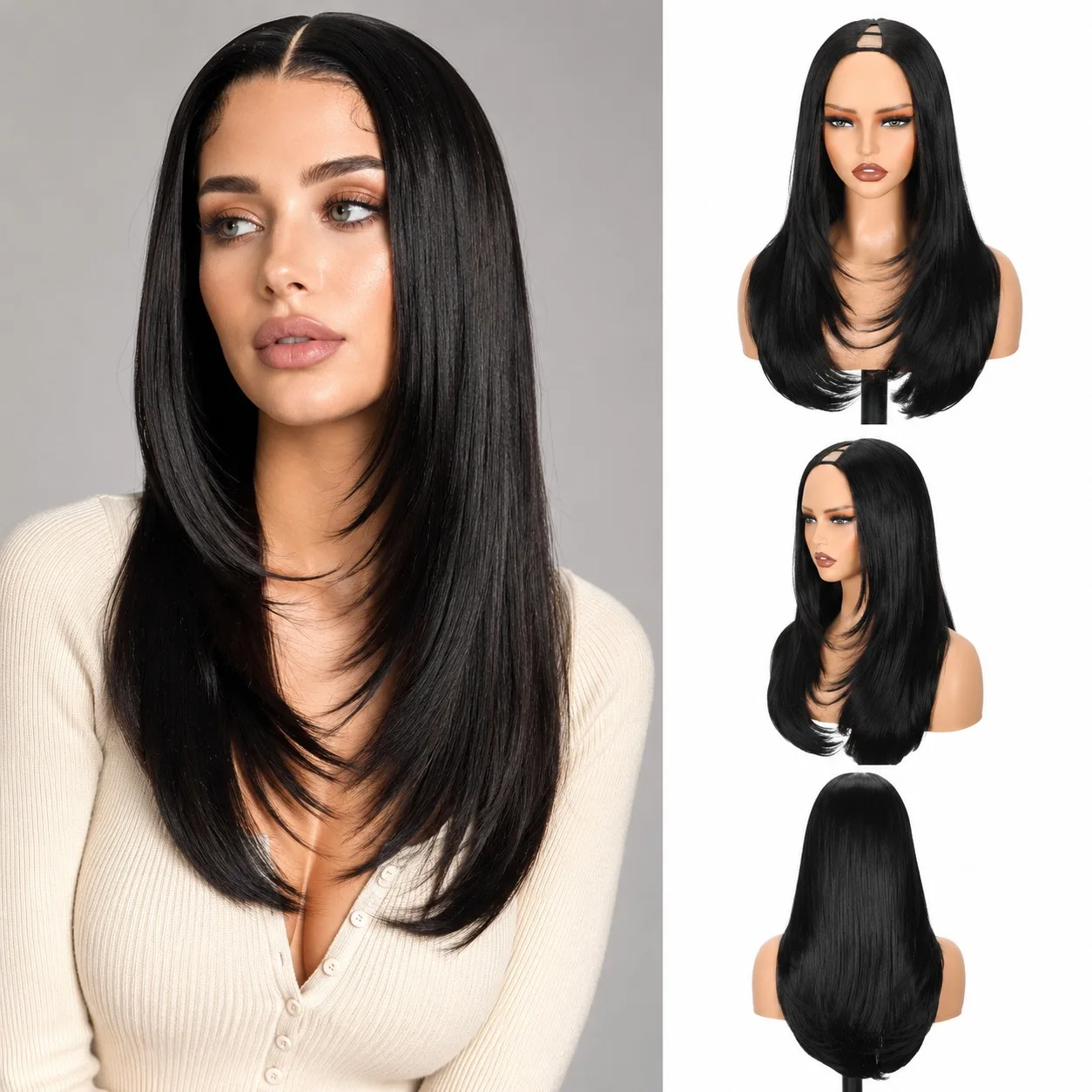 Yaki Straight Layered V Part Wig for Women Glueless Clip-In Half Head Realistic Natural Looking Heat Resistant Synthetic Hair
