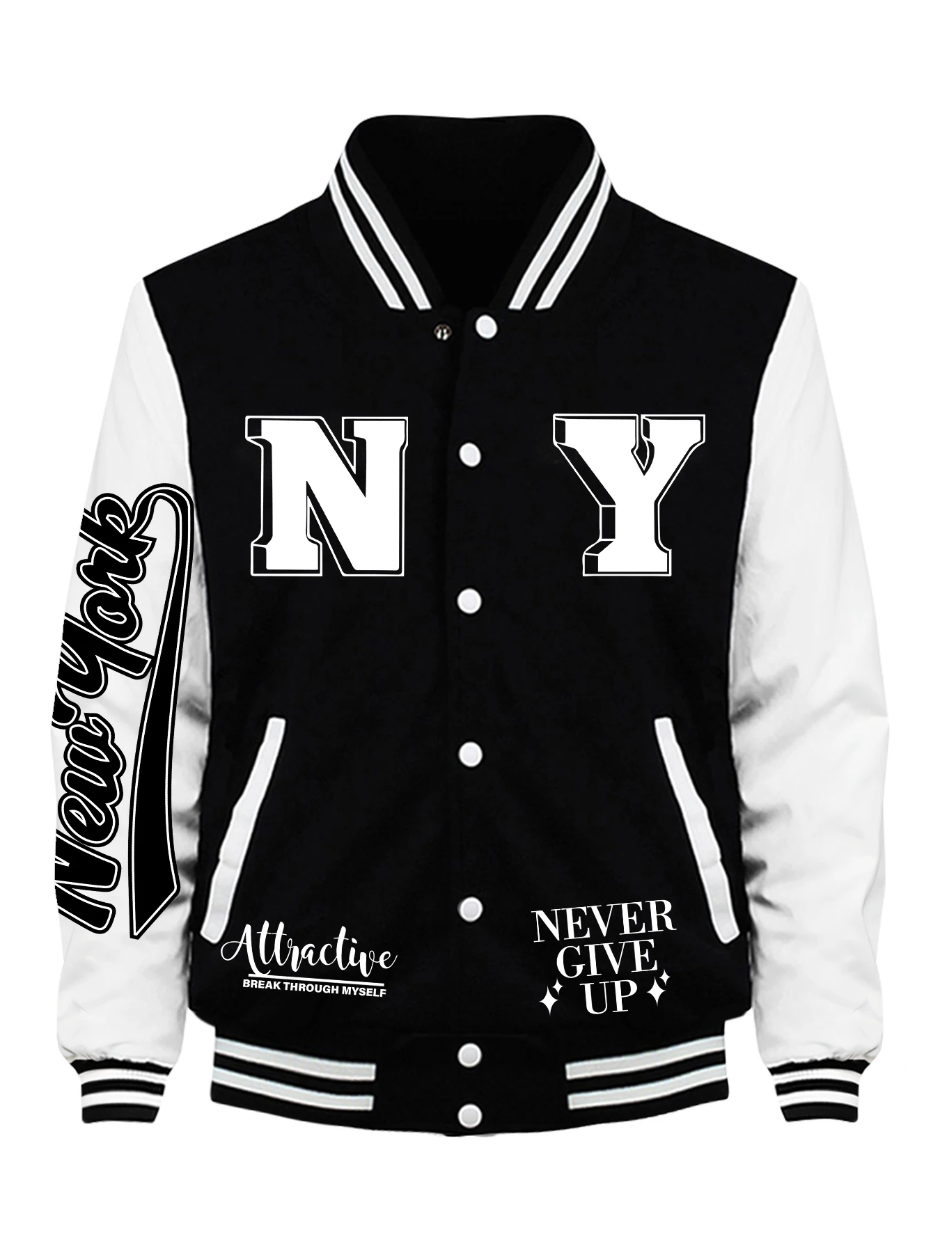 

New York City Never Give Up Print Clothes Male Fashion Fleece Top Autumn Loose Baseball Jacket Casual Loose Sportswear Men