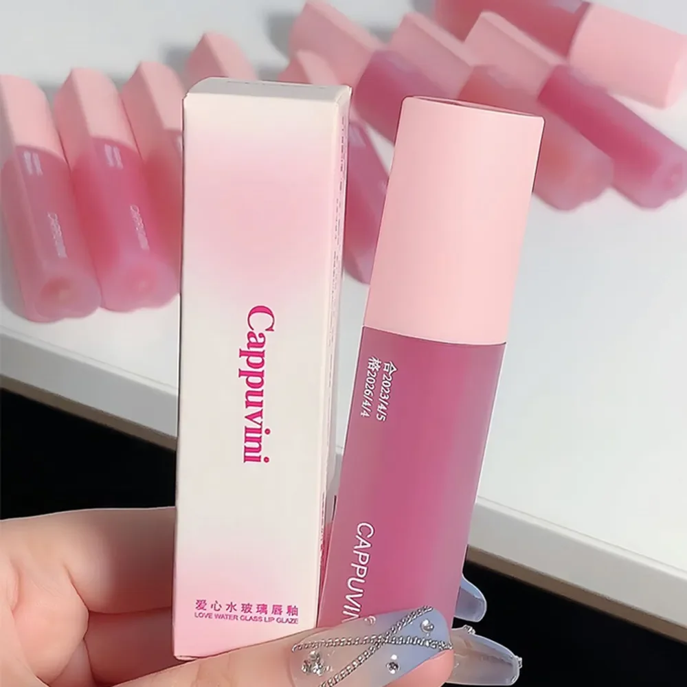 Cap puvini rosa Liebe Herz Design Lippen glasur Spiegel Wasser Licht Glas transparenten Lip gloss feuchtigkeit spendenden weiblichen niedlichen Lippenstift